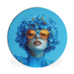 Vrouw - Bloem - Blauw - Modern - Bril - Portret Wandcirkel aluminium klein -3d