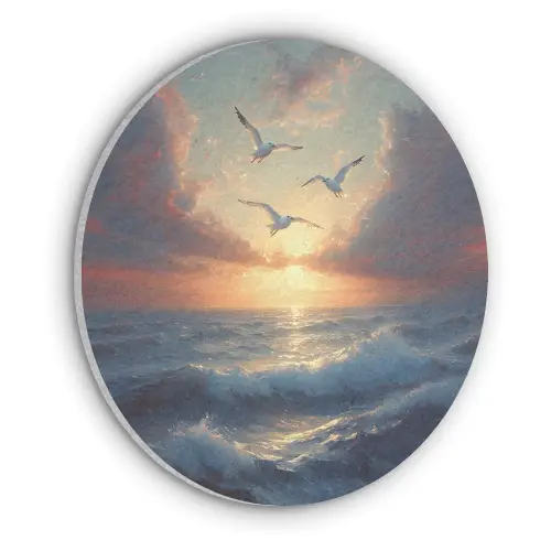 Meeuwen - Zonsondergang - Zee - Wolken Akoestische PET Vilt - Rond klein -3d