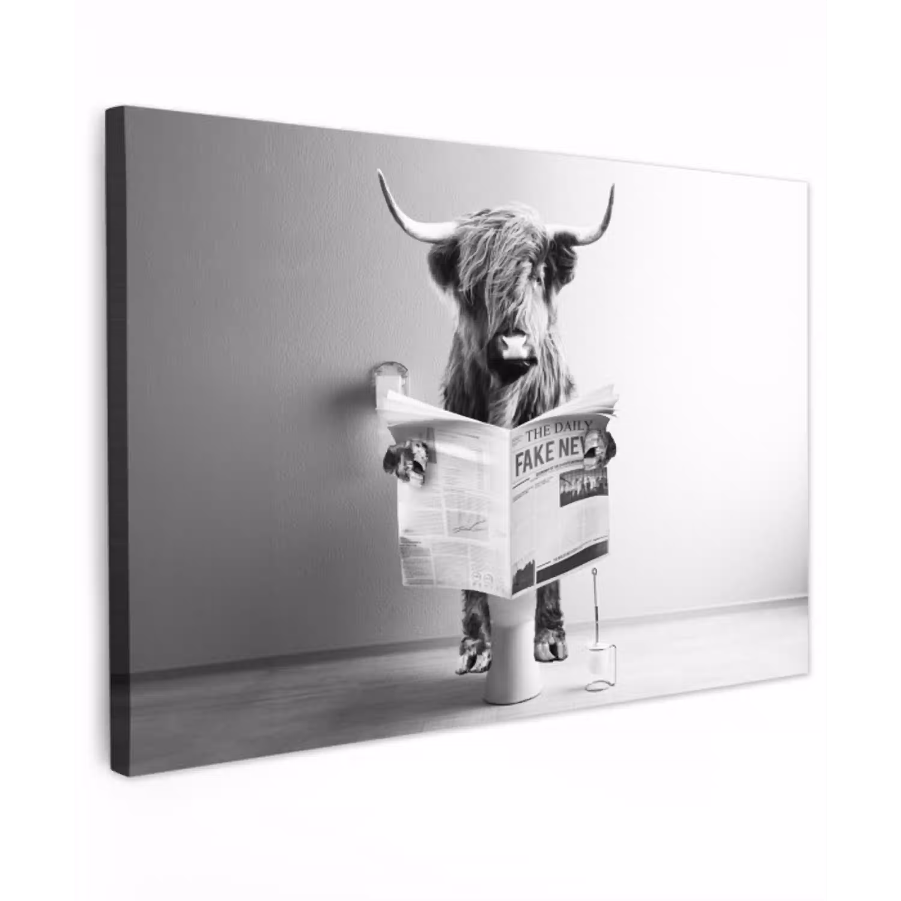 WC - Toilet - Krant - Schotse Hooglander - Zwart Wit canvas 2cm klein -z3d