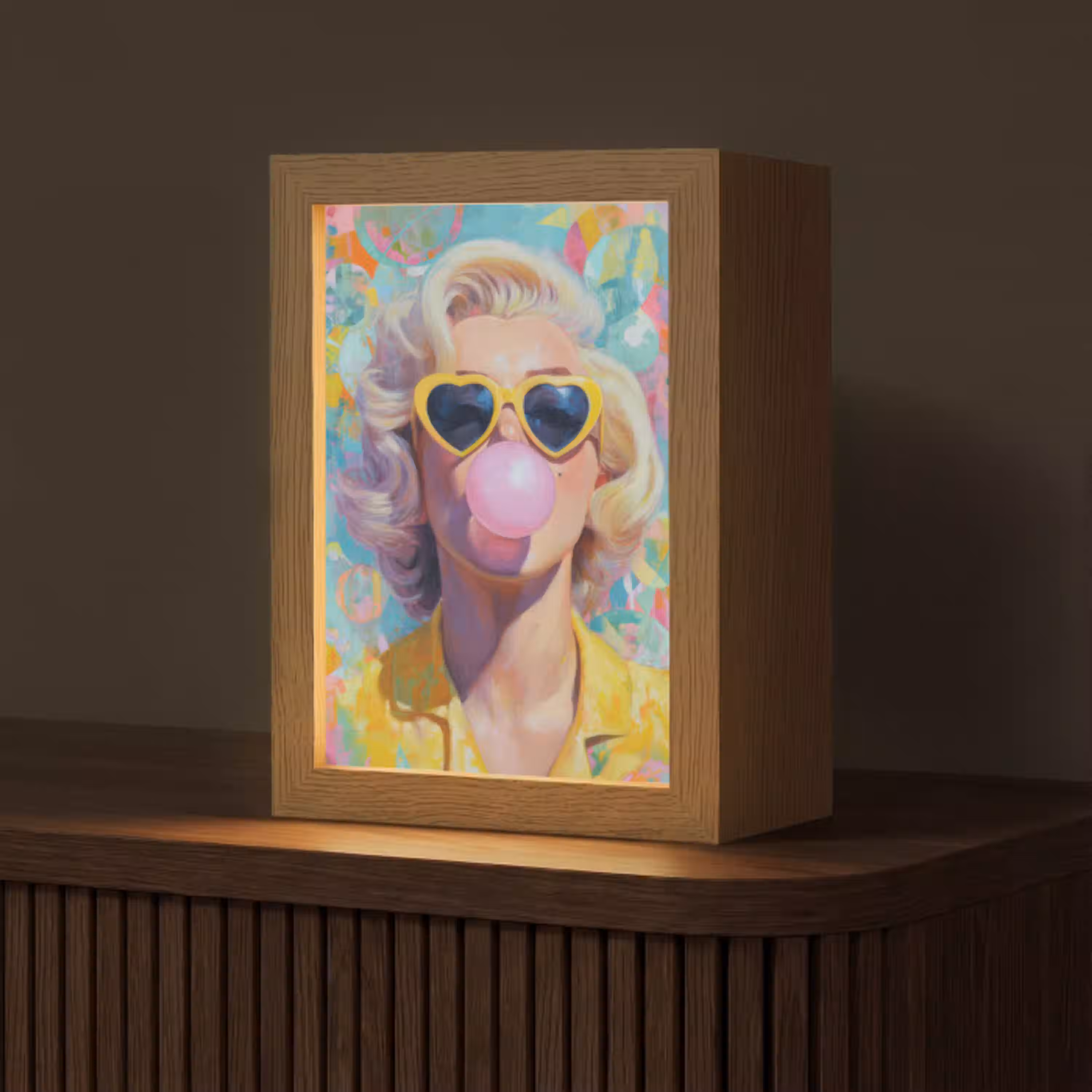 Vrouw - Blond - Roze kauwgom - Kleurrijk - Pastel Light Box met kabel (Tafellamp) klein -z3d_website
