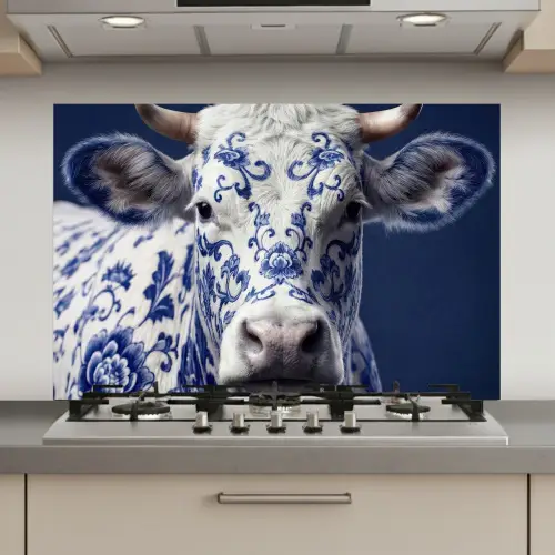 Koe - Delfts - Blauw - Artistiek keuken achterwand spatscherm klein -3d_website