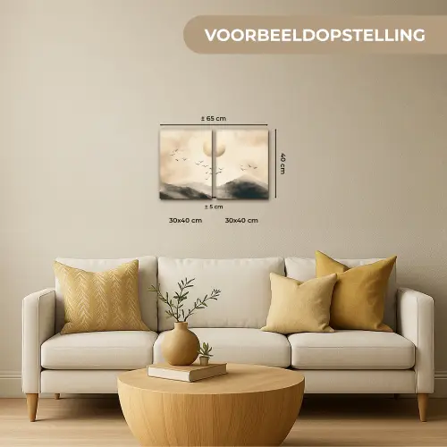 Landschap - Japandi - Beige - Vogels Canvas - Meerluiken 2 luik klein -sfeer6-formaat-