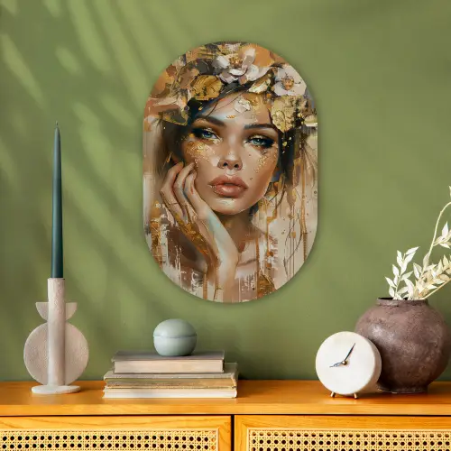 Vrouw - Bloemen  - Goud - Portret Wandcirkel Ovaal Forex klein -sfeer2