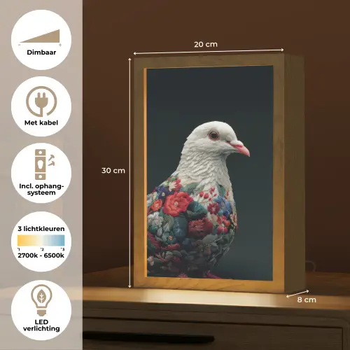 Duif - Bloemen - Wit - Zwart Light Box met kabel (Tafellamp) klein -USP_NL