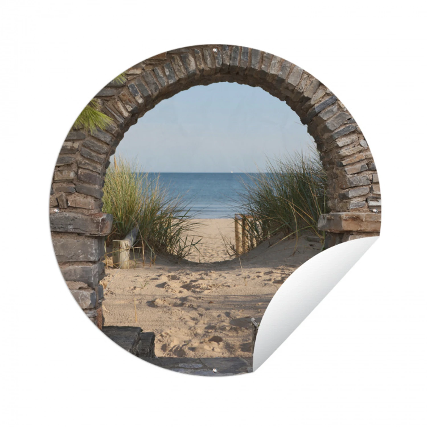 Doorkijk - Strand - Duin - Planten Wandcirkel tuinposter met ringen klein -3d