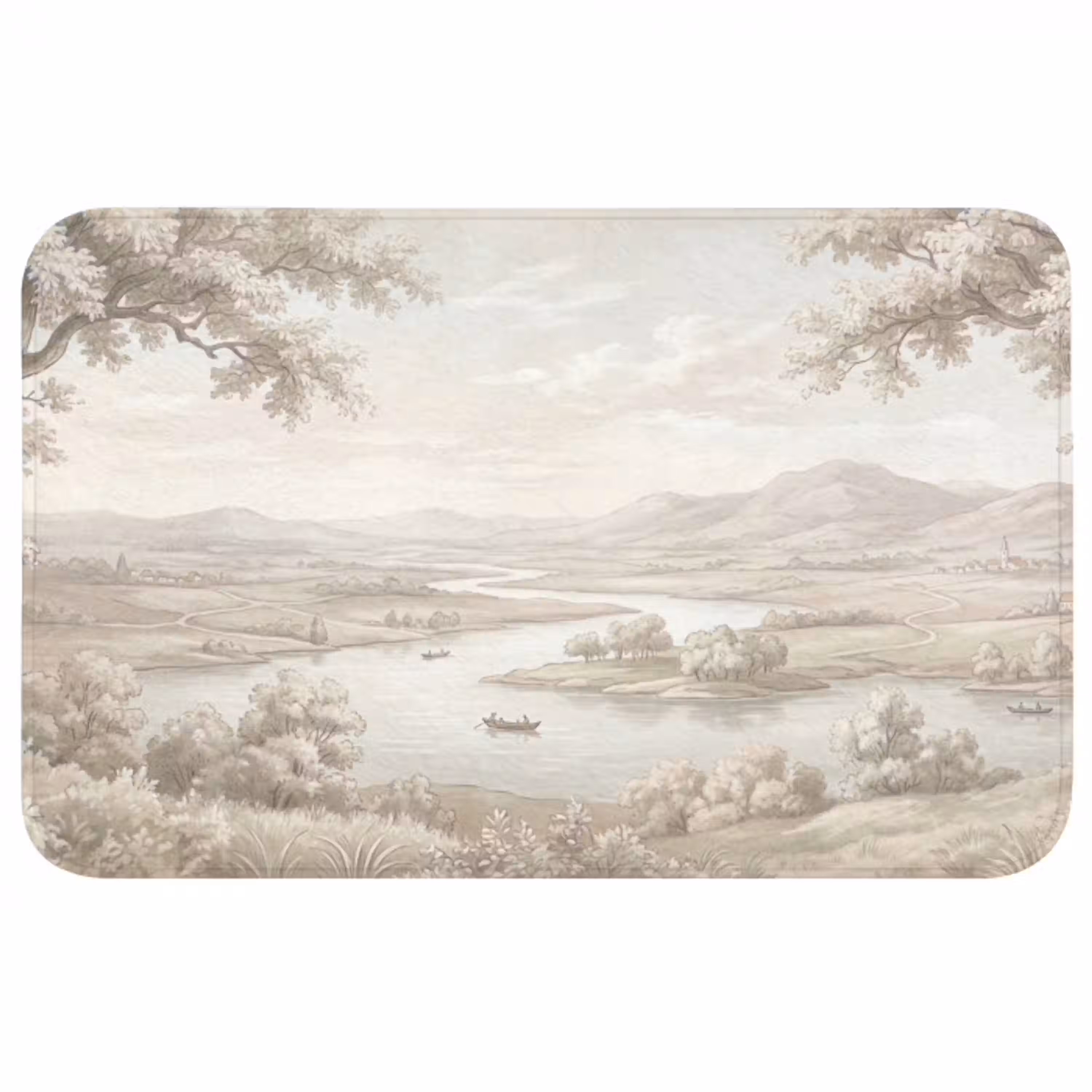 Rivierlandschap - Bergen - Natuur - Vintage - Beige Badmat middel -3d