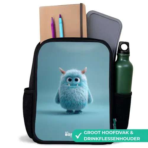 Blauw pluizig monster met hoorns Rugzak - Zwart middel -inhoud_NL