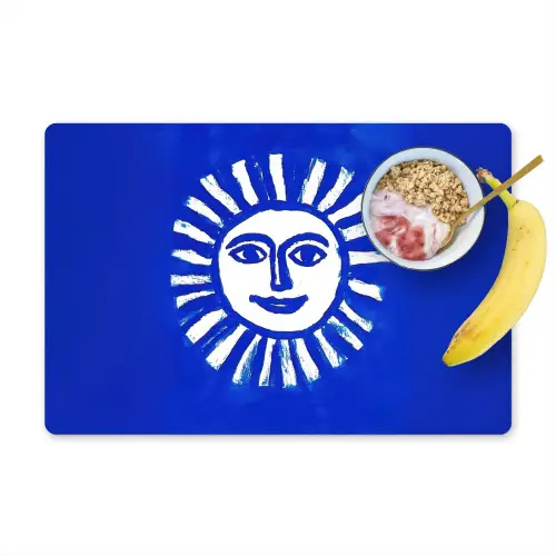 Zon - Gezicht - Penseelstructuur - Blauw Placemat vinyl groot -zzzproduct_Kitchenyeah-website