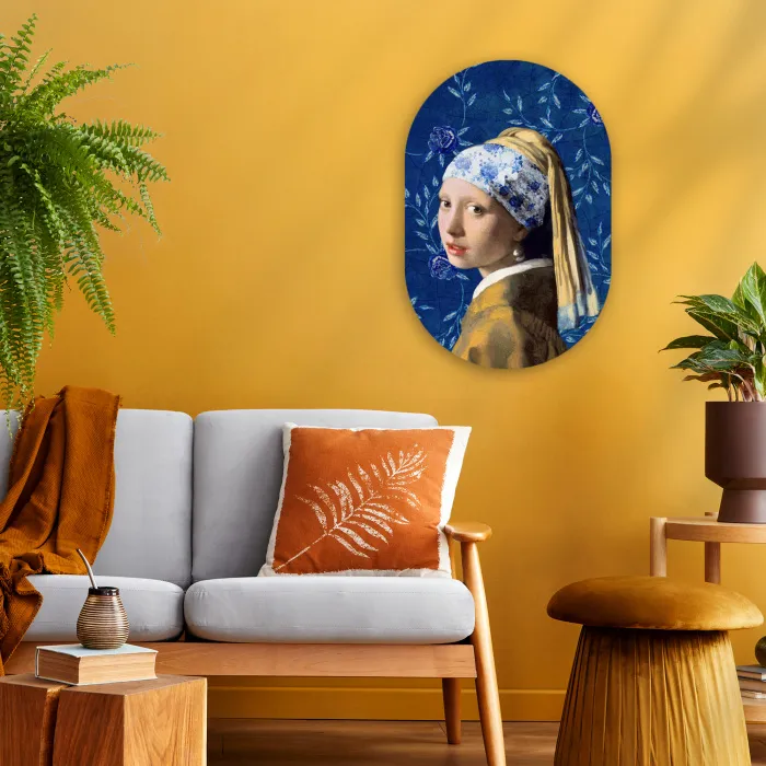 Meisje met de parel - Delfts blauw - Vermeer - Bloemen - Schilderij - Oude meesters Wandcirkel Ovaal Forex klein -sfeer4