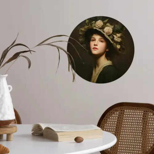 Bloemenhoed - Portret - Vrouw Wandcirkel behangsticker klein -sfeer3