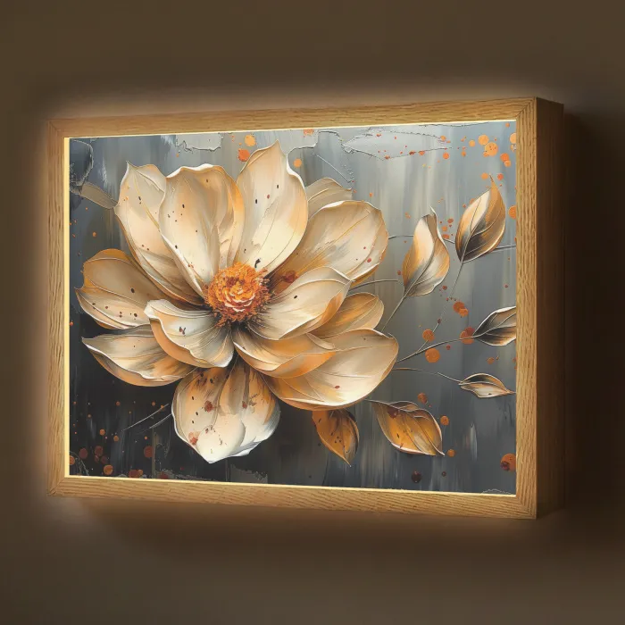 Bloemen - Goud - Kunst - Zwart - Modern Light Box met batterij (Wandlamp) middel -z3d_website