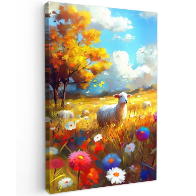 Schaap - Weide - Bloemen Tuinposter op houten frame 2 cm dik klein -3d
