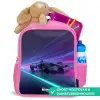 Neon - Raceauto - Lichtstrepen - Paars Kinderrugzak - Roze middel -inhoud_NL