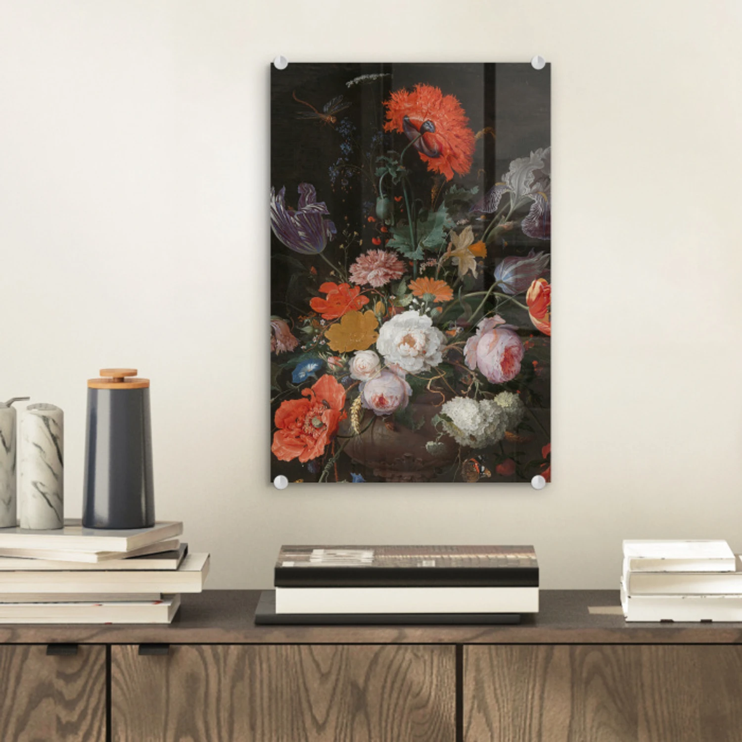 Stilleven met bloemen en een horloge - Schilderij van Abraham Mignon plexiglas 5mm klein -sfeer1