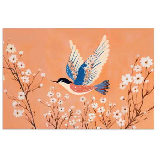 Vogel - Bloesemtakken - Warm - Kleurrijk poster papier klein -3d