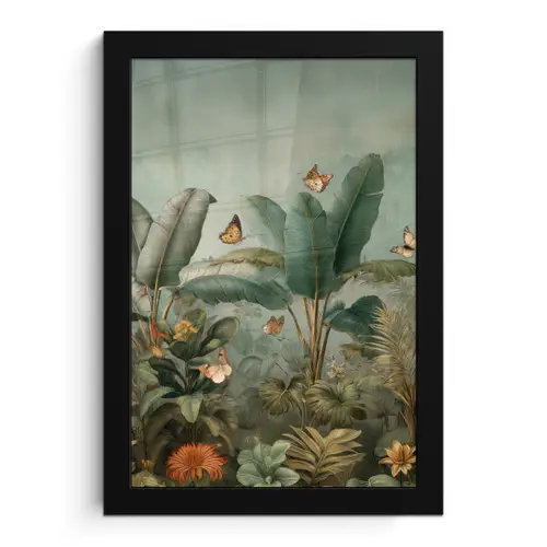 Tropisch bladerdek - Vlinders - groen - Bruin fotolijst zwart zonder passe partout klein -3d
