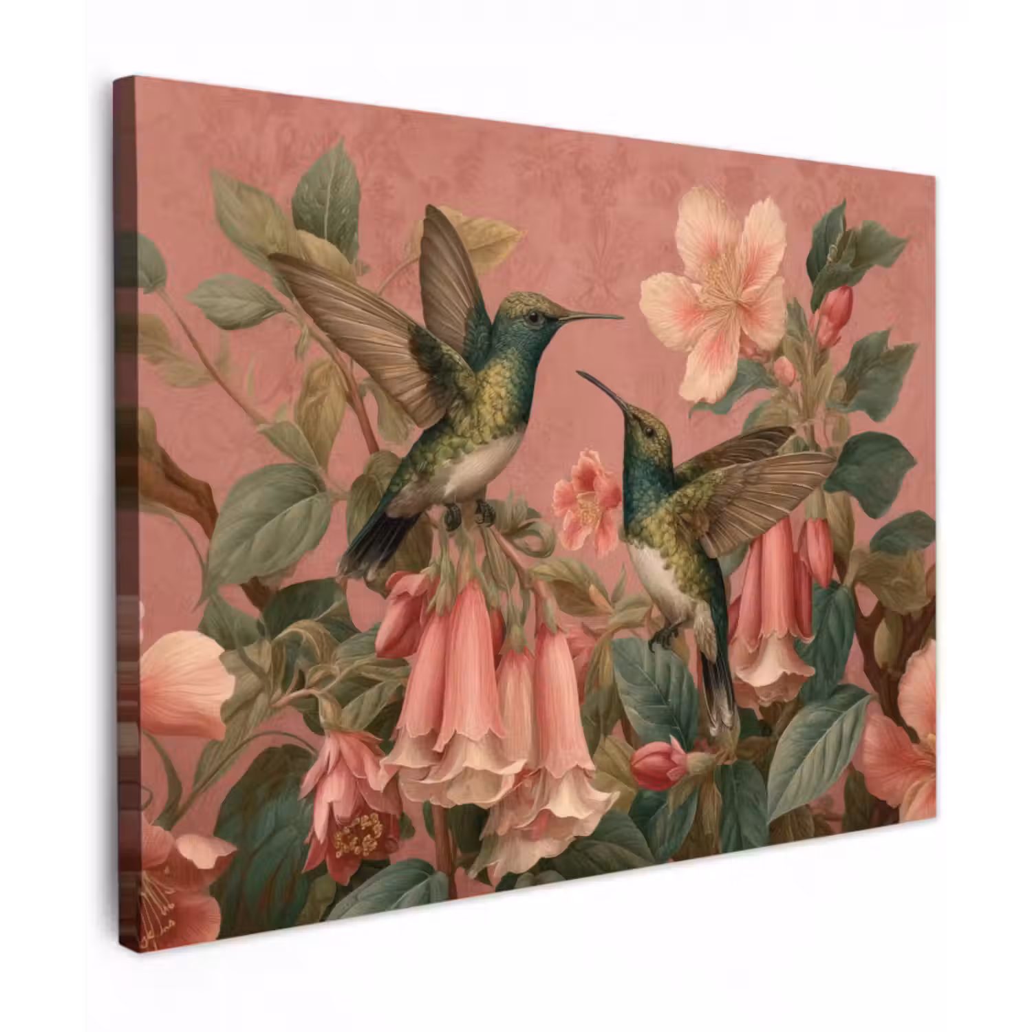 Canvas schilderij - Kolibries - Bloemen - Groen - Roze