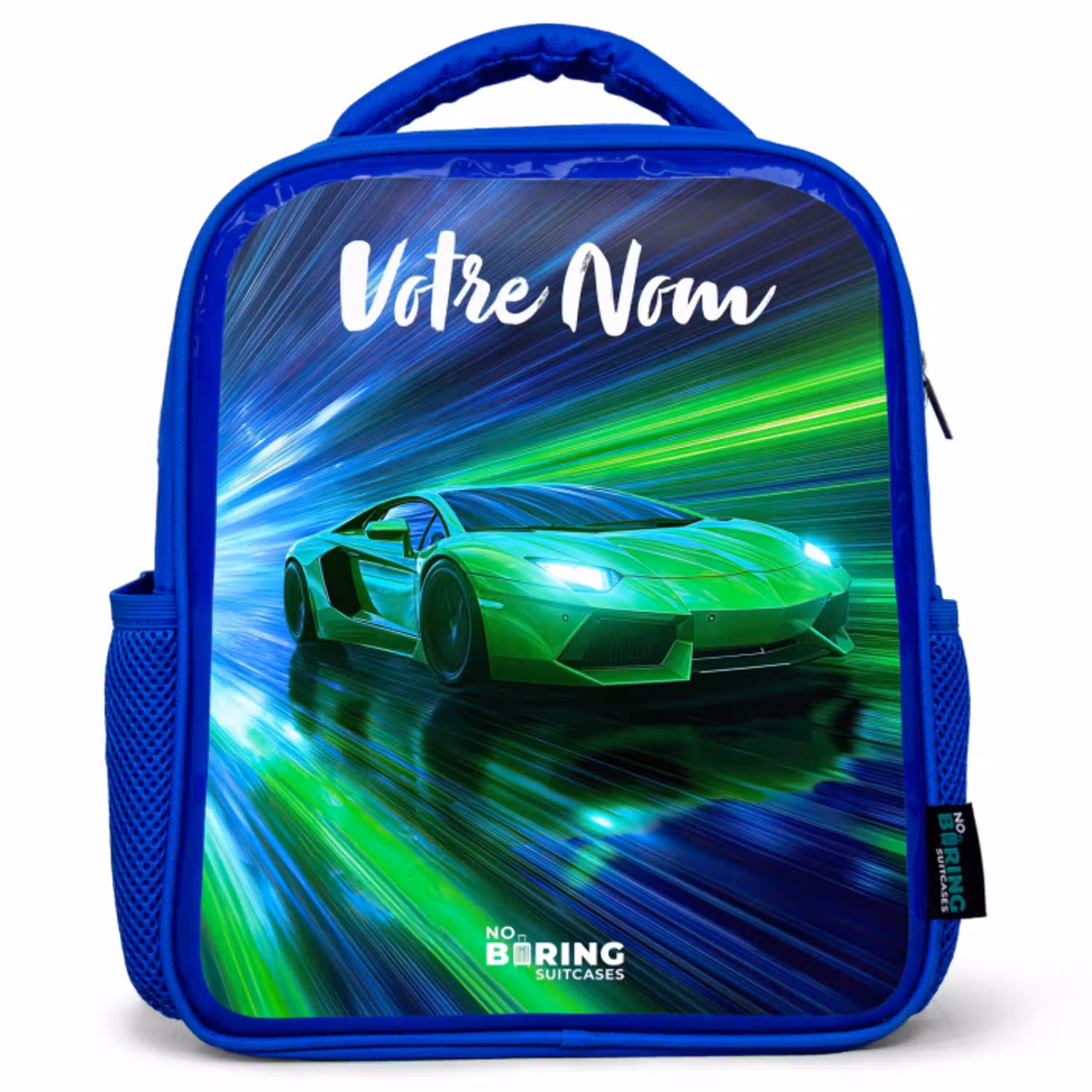 Sportauto - Groen - Snelheidslijnen - Neon Kinderrugzak - Blauw middel -3d