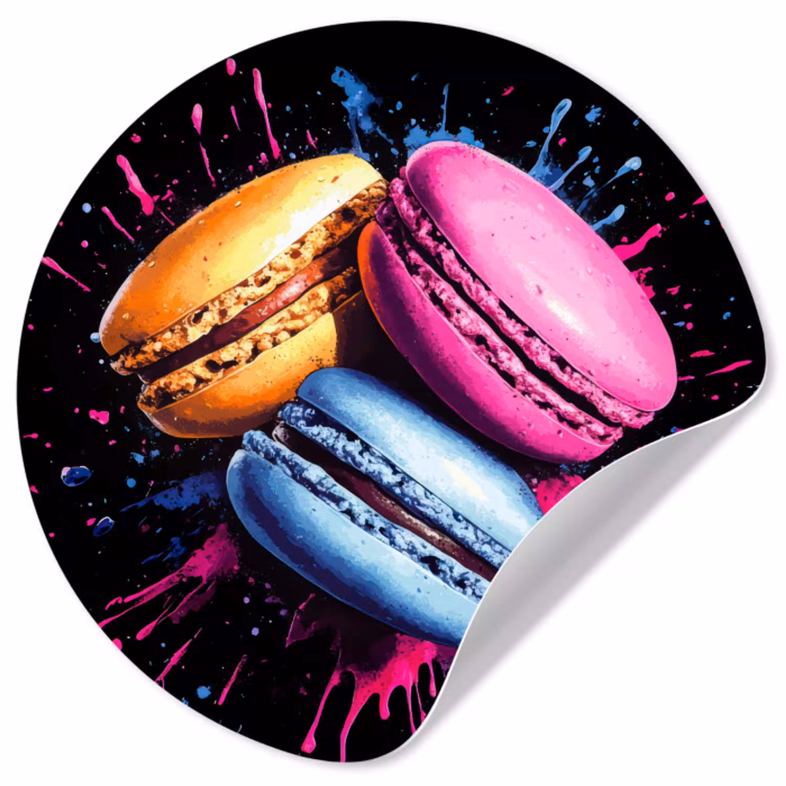 Macarons - Dessert - Graffiti - Kleurrijk - Roze - Blauw - Geel Wandcirkel behangsticker klein -3d