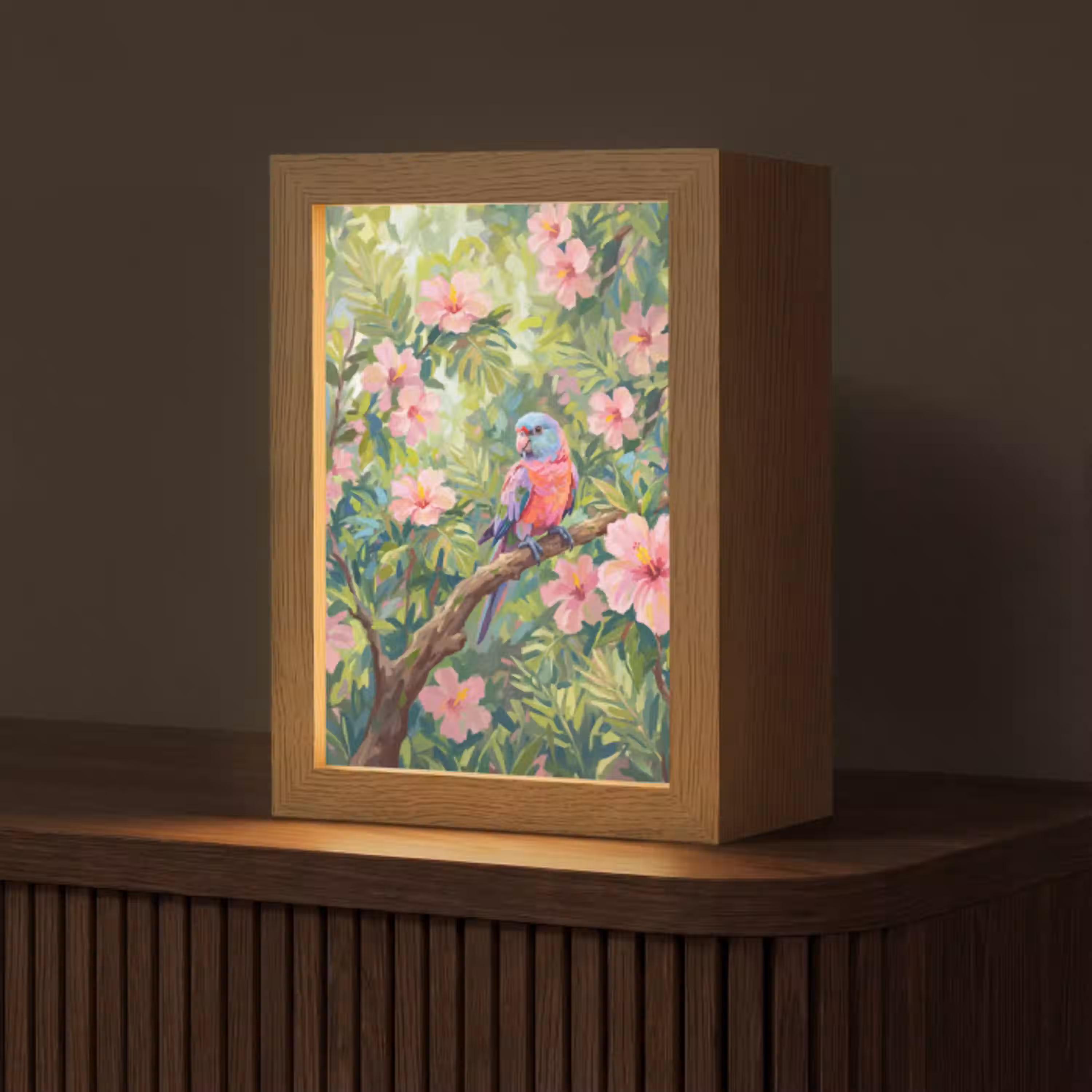 Papagaai - Hibiscusbloemen - Kleurrijk Light Box met kabel (Tafellamp) klein -z3d_website