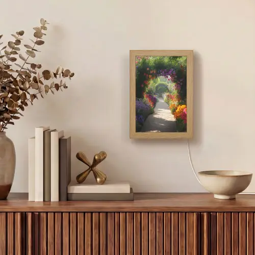Doorkijk - Pad - Bloemen - Struik - Kleurrijk Light Box met kabel (Wandlamp) klein -sfeer2