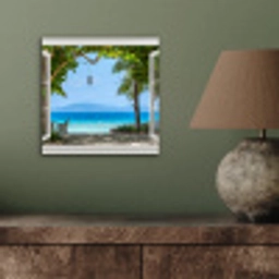 Doorkijk - Boom - Zee - Palmboom - Heuvels - Strand - Blauw aluminium wit klein -sfeer2