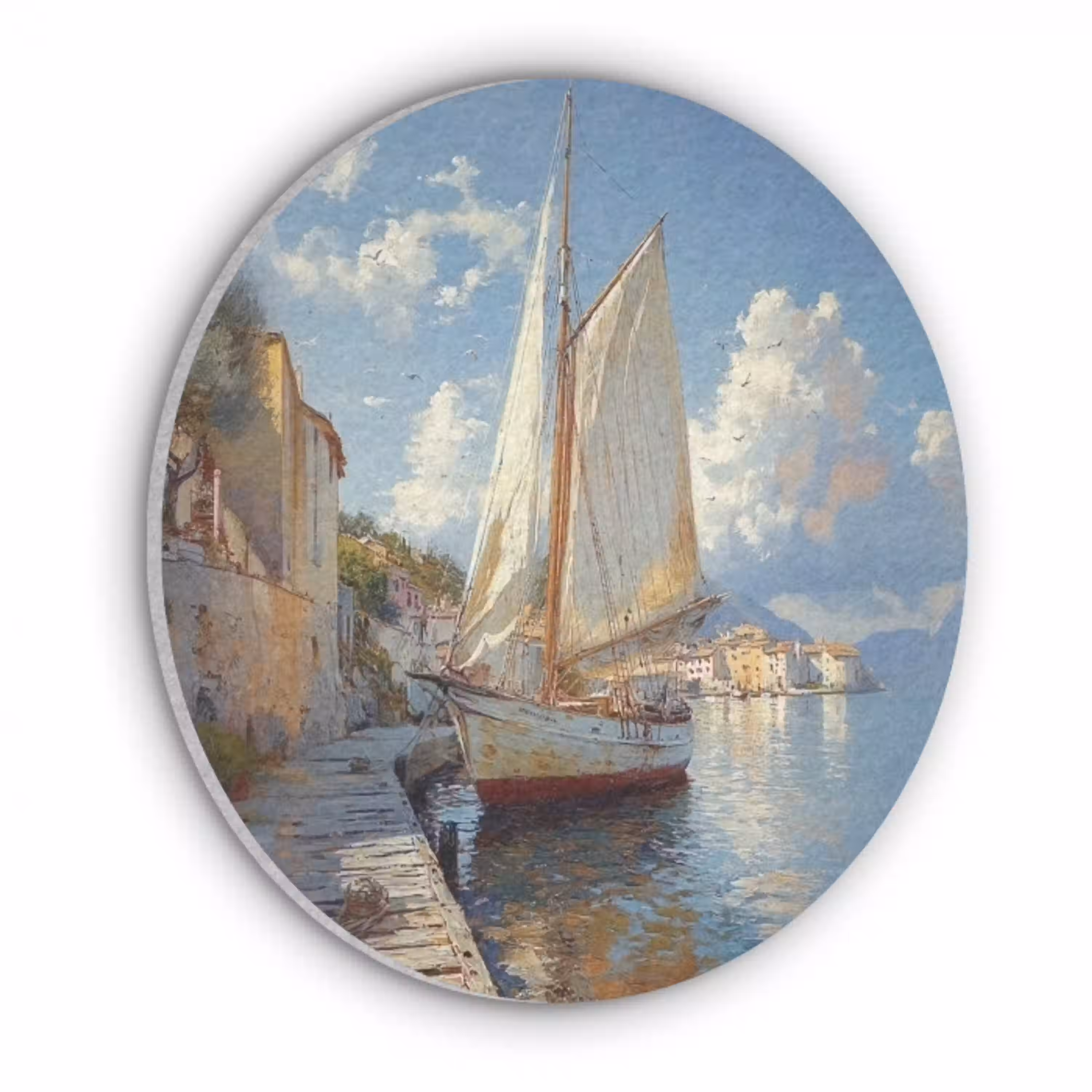 Zeilschip - Huizen - Kade - Zee Akoestische PET Vilt - Rond klein -3d