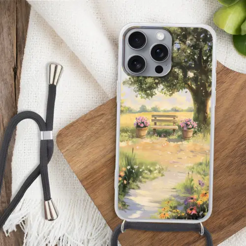 Houten bankje - Bloempotten - Landschap Hoesje iPhone 16 Pro Max met koord klein -sfeer4