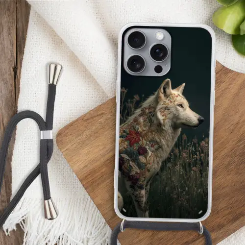 Wolf - Bloemen - Natuur Hoesje iPhone 16 Pro Max met koord klein -sfeer4