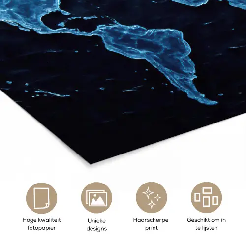 Wereldkaart - Waterstructuur - Blauw poster papier klein -closeup_NL