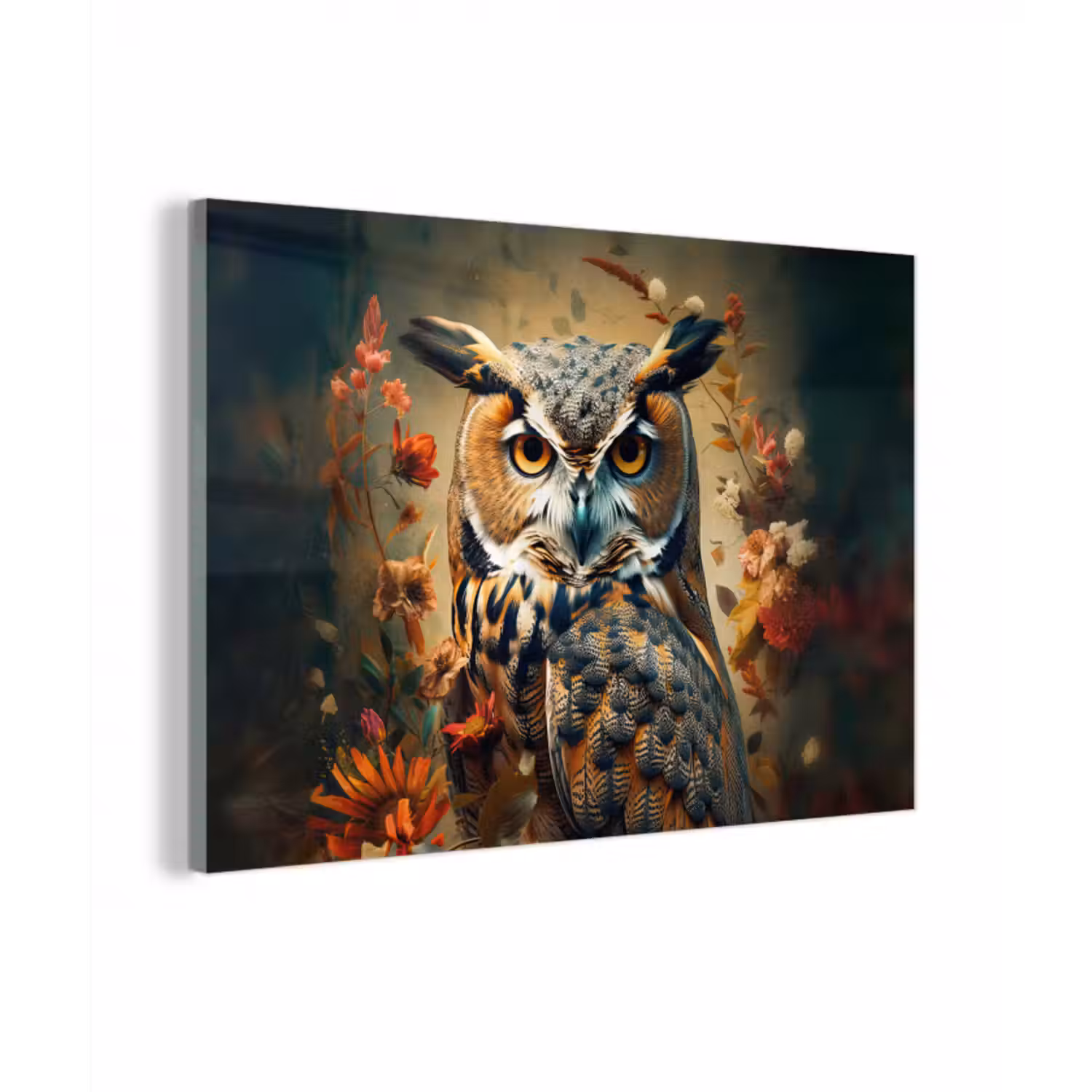 Glasbild - Eule - Vogel - Blumen - Botanisch
