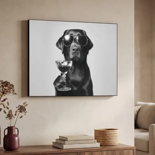 Hond - Zwart - Wijnglas - Zonnebril Textielframe zwart klein -sfeer3