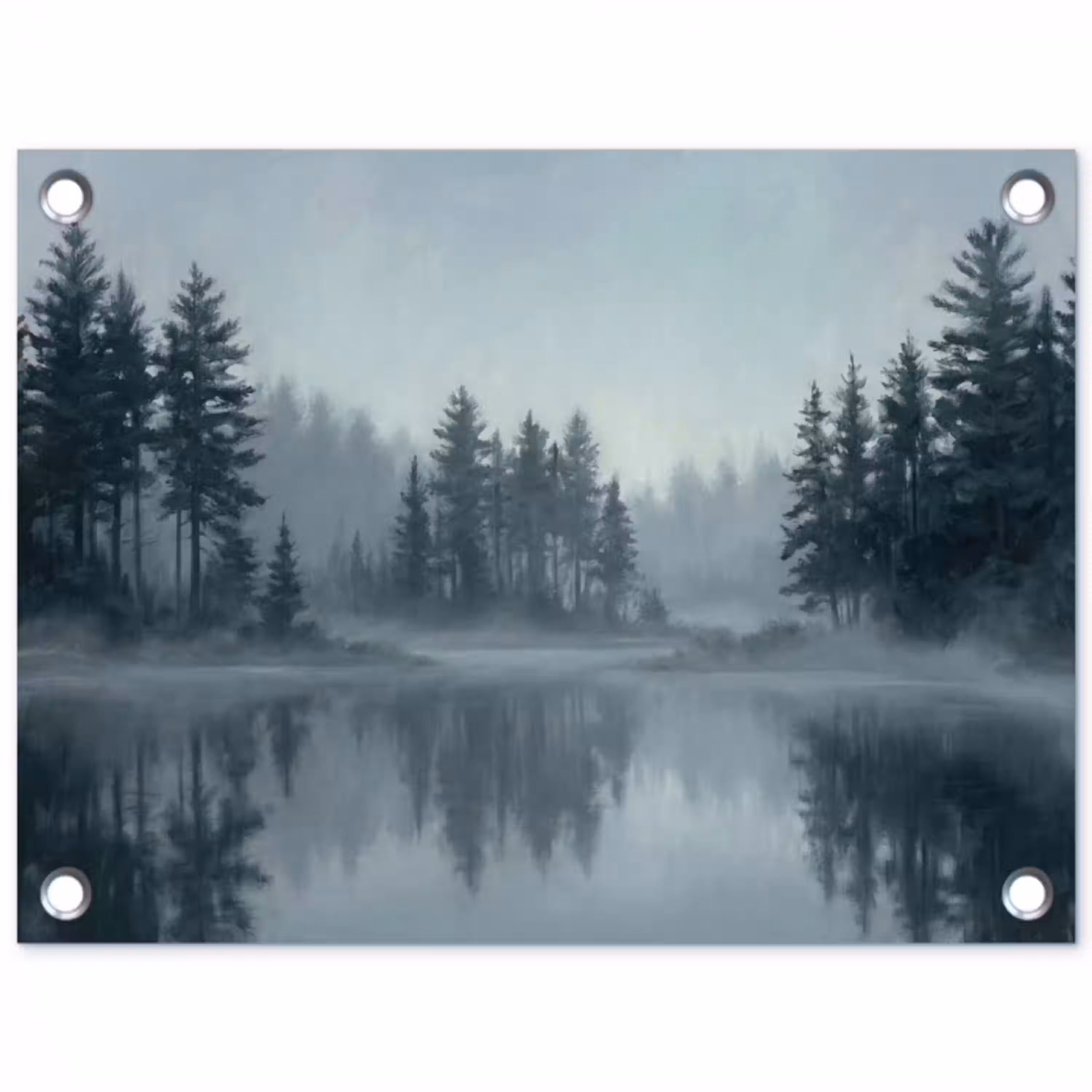 Bos - Meer - Mist - Natuur - Grijs tuinposter los doek klein -3d