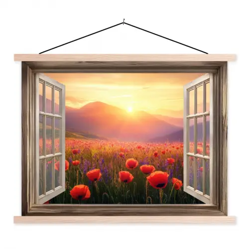 Doorkijk - Klaprozen - Bloemen - Rood - Open raam textielposter latten blank klein -3d