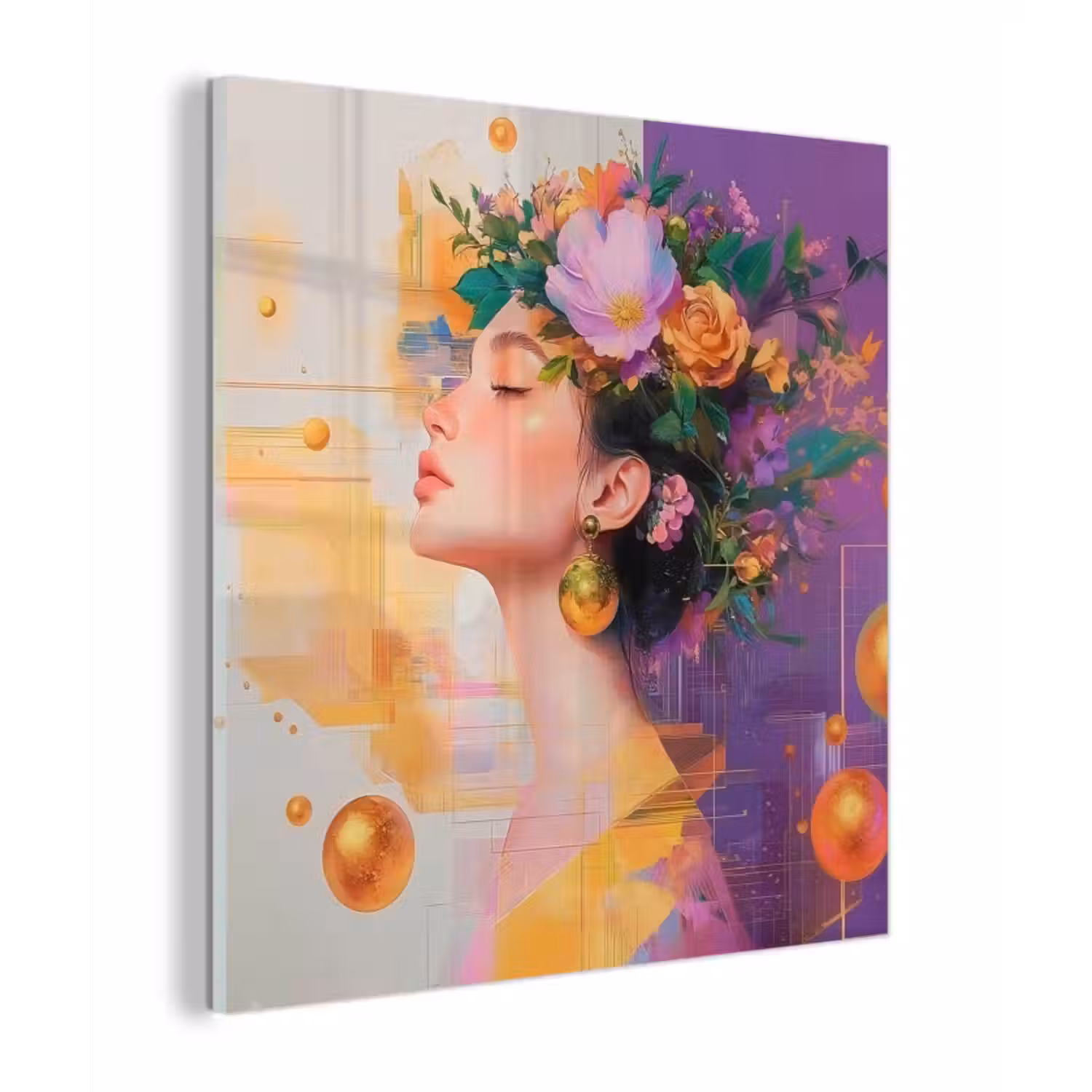 Glas schilderij - Abstract - Vrouw - Bloemenkroon - Goud