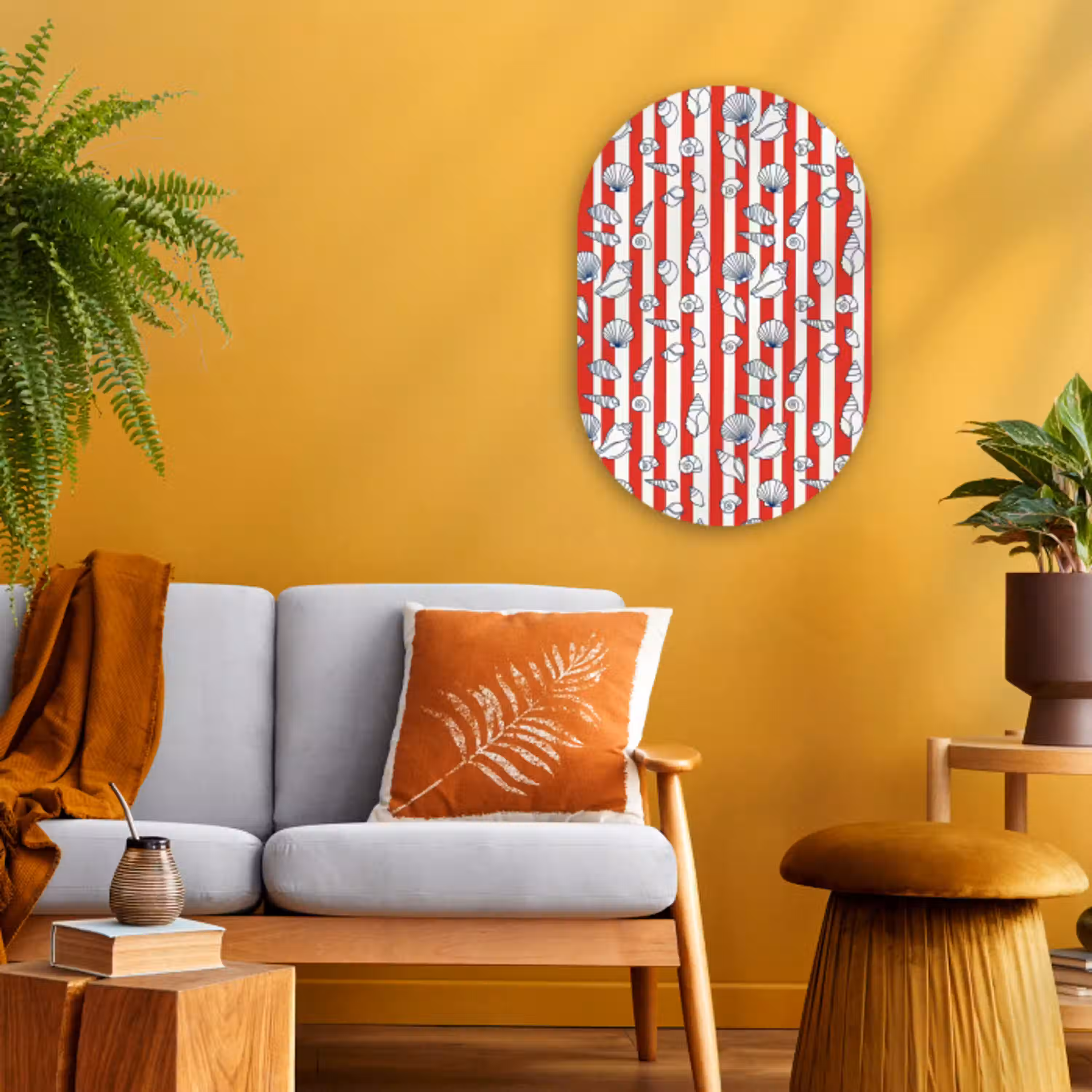 Schelp - Zeedieren - Zomer - Illustratie - Rood - Blauw Wandcirkel Ovaal Forex klein -sfeer4
