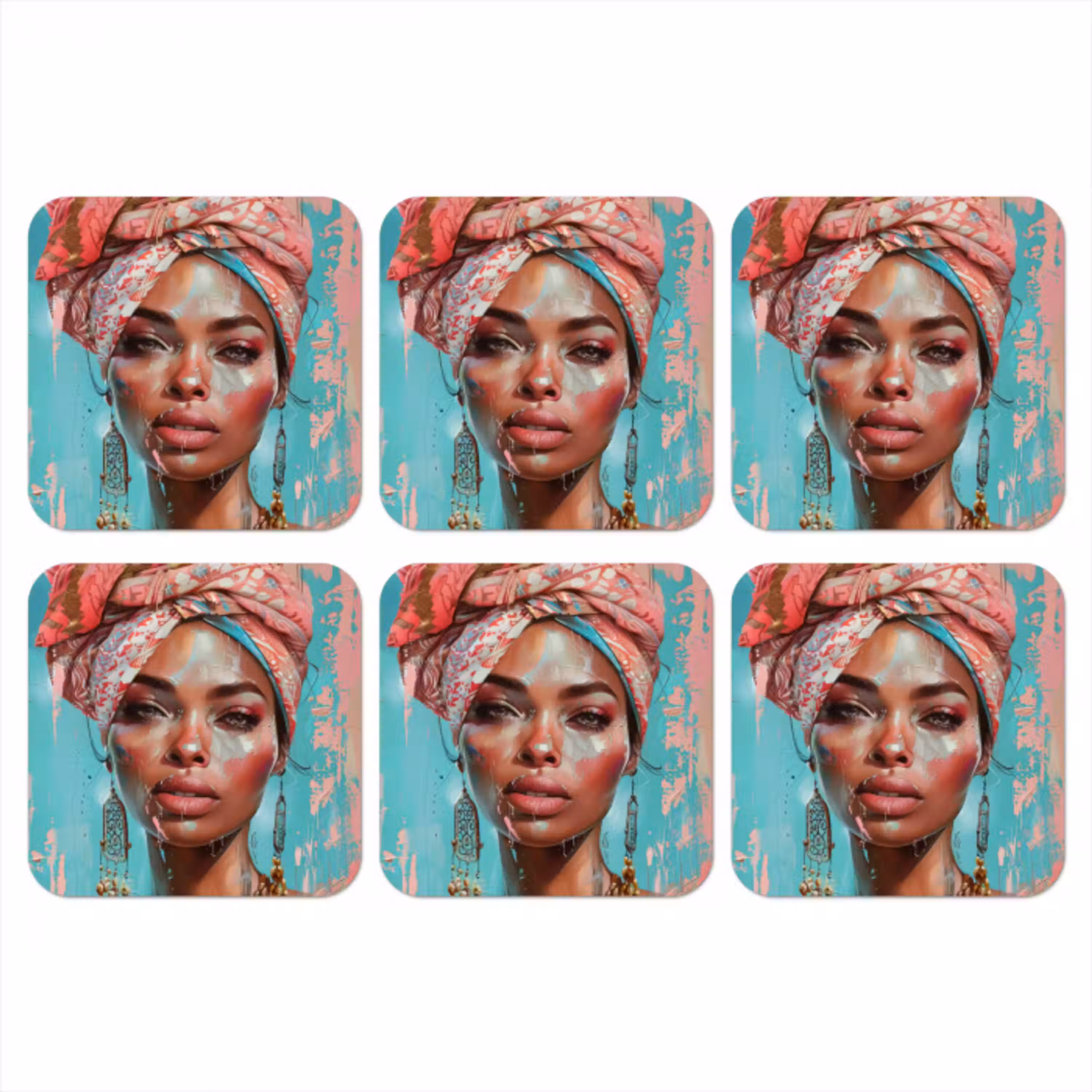 Vrouw - Portret - Blauw - Roze - Modern onderzetter kurk middel -3d