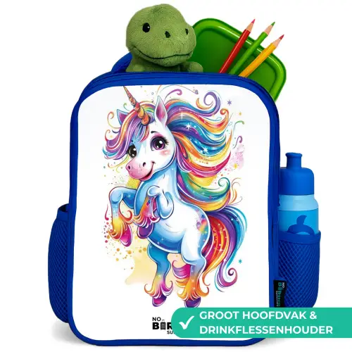 Steigerende Eenhoorn met Regenboogmanen Kinderrugzak - Blauw middel -inhoud_NL