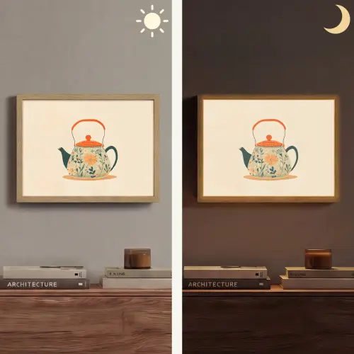 Oranje - Theepot - Bloemen - Bladeren Light Box met batterij (Wandlamp) middel -sfeer3