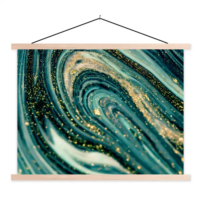 Marmerlook - Luxe - Goud - Turquoise - Glitter textielposter latten blank klein -3d