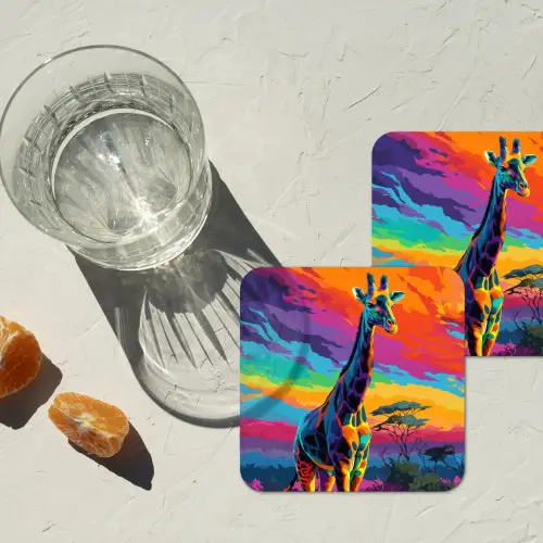 Giraffe - Savanna - Lucht - Gekleurd onderzetter kurk middel -sfeer4