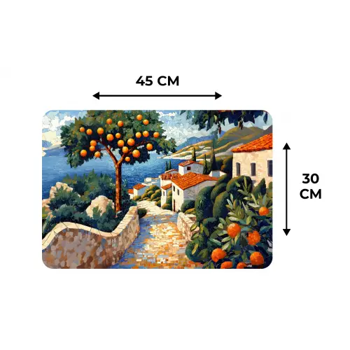 Huizen - Mozaïek - Sinaasappelbomen - Zee Placemat vinyl groot -specs