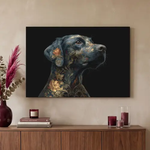 Hond - Zwart - Bloemen Textielframe zwart klein -sfeer1