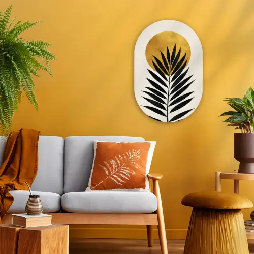 Zwart palmblad - Gouden cirkel - Beige achtergrond Wandcirkel Ovaal Forex klein -sfeer4