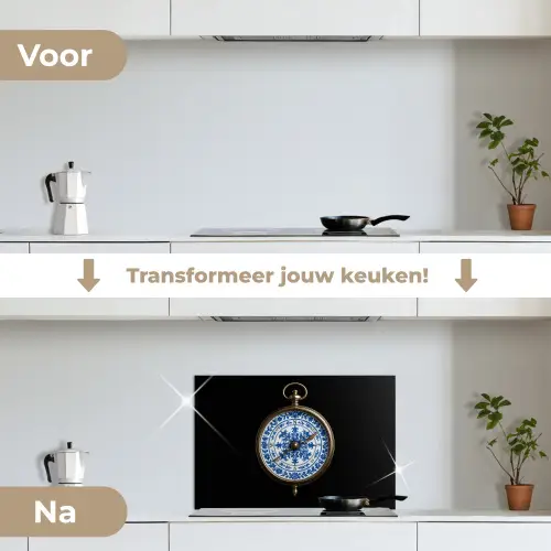 Kompas - Delfts blauw - Zwart keuken achterwand spatscherm klein -voor_na_NL