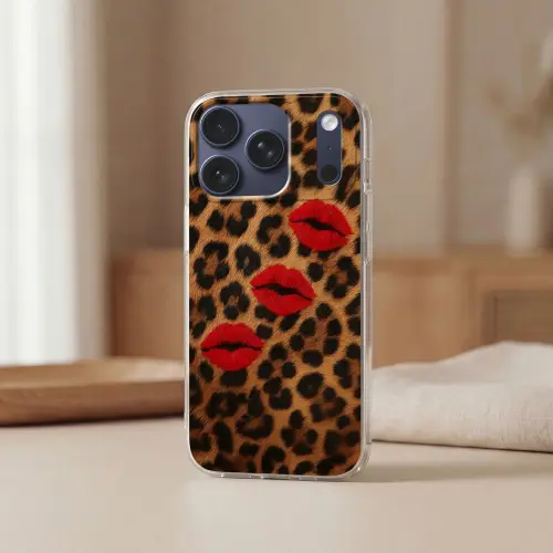 Lippen - Drie - Rood - Panterprint Telefoonhoesje iPhone 17 Pro klein -sfeer2