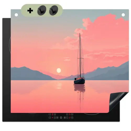 Zeilboot - Roze zee - Zonsondergang - Bergen Inductie beschemer met haakjes middel -3d