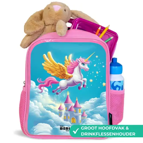 Vliegende eenhoorn met gouden vleugels boven kasteel Kinderrugzak - Roze middel -inhoud_NL