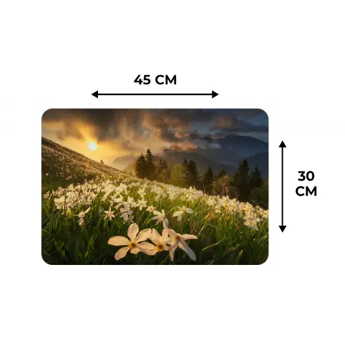 Bloemenveld - Heuvels - Zonsondergang - Berg - Natuur - Wit - Heuvels Placemat vinyl groot -specs