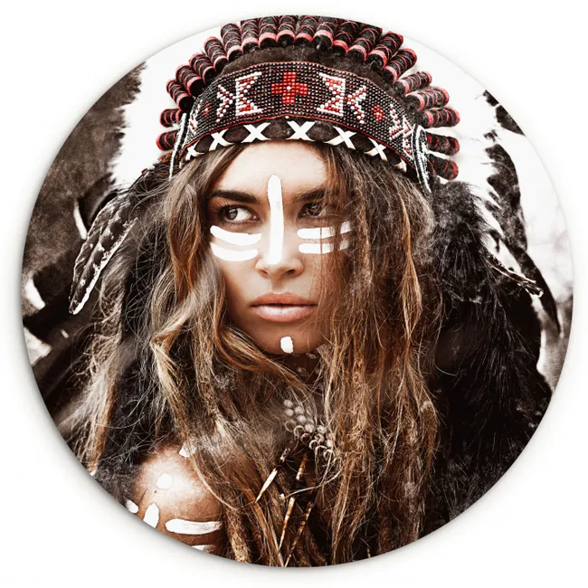 Vrouw - Indianentooi - Veren - Strepen Wandcirkel kunststof plaat 5mm dik klein -3d